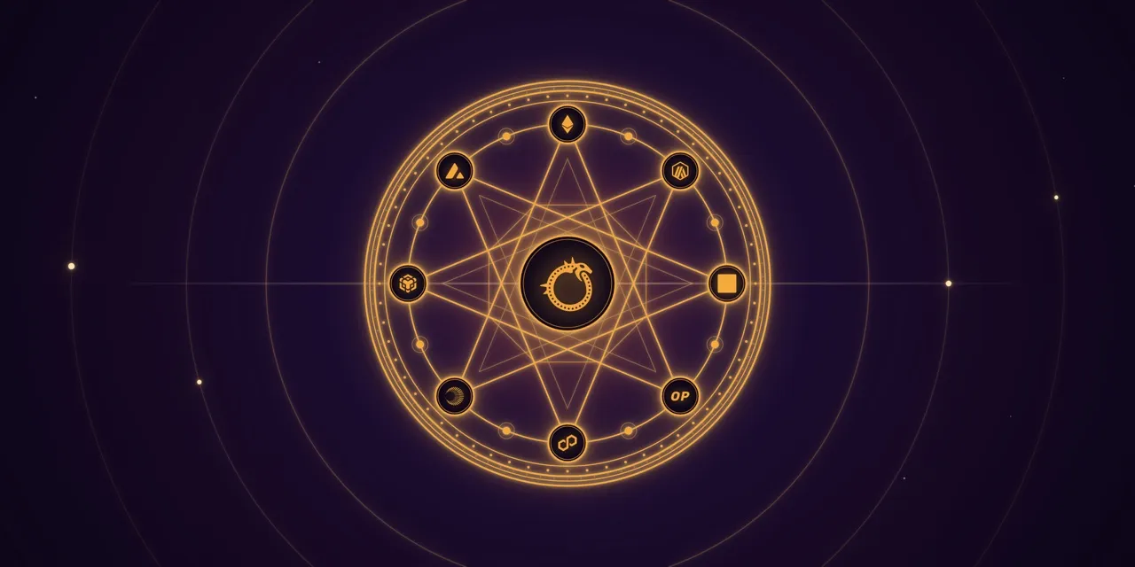 Ophis emblem ringed by chain logos, a DEX aggregator for AI agents