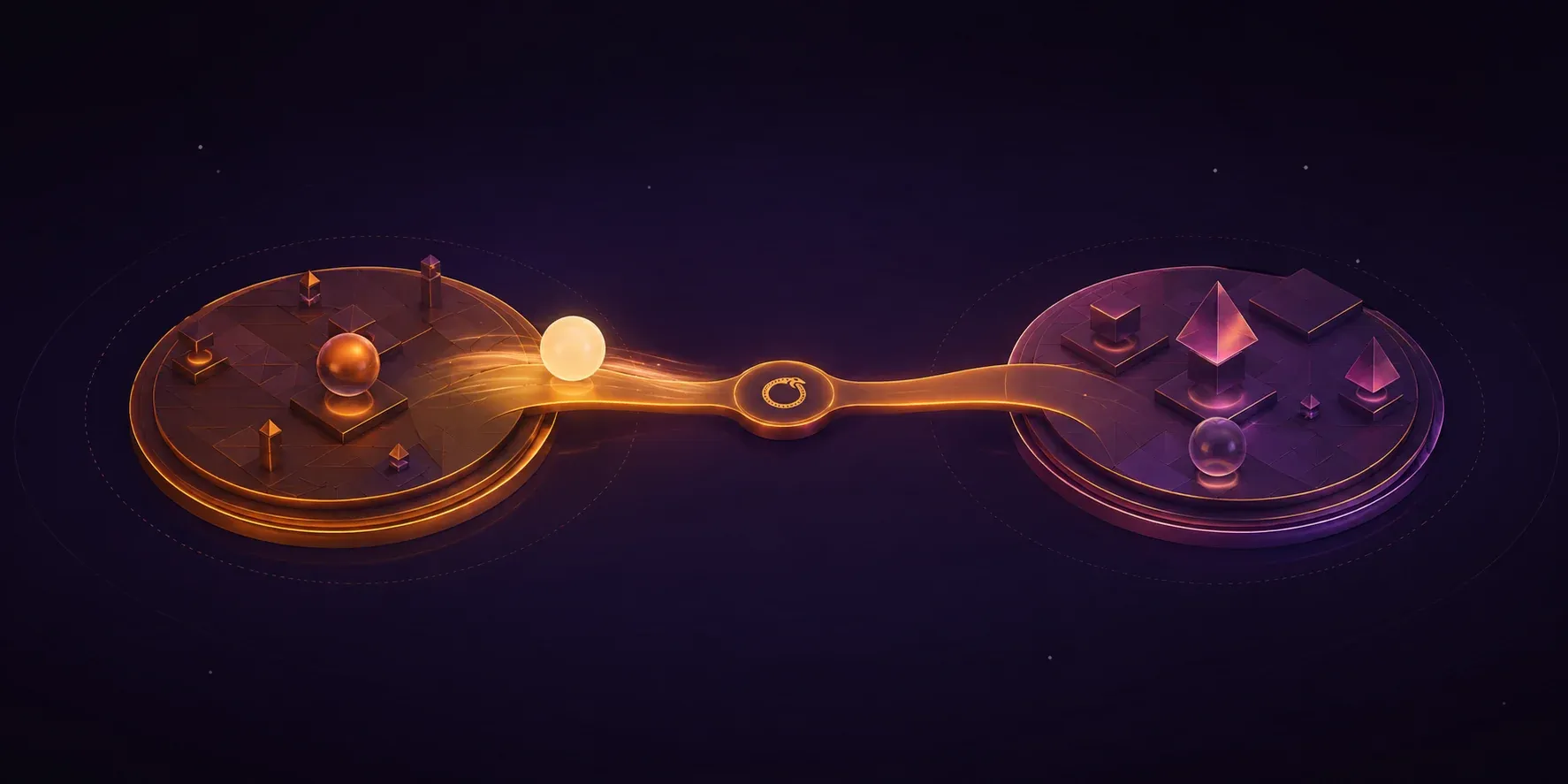 A glowing token crosses a saffron Ophis route between two separate blockchain network islands.